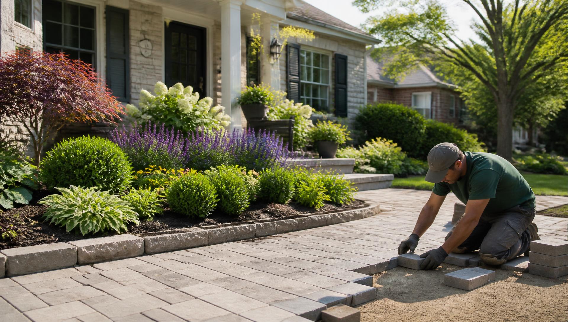 Landscaper installing a patio and garden