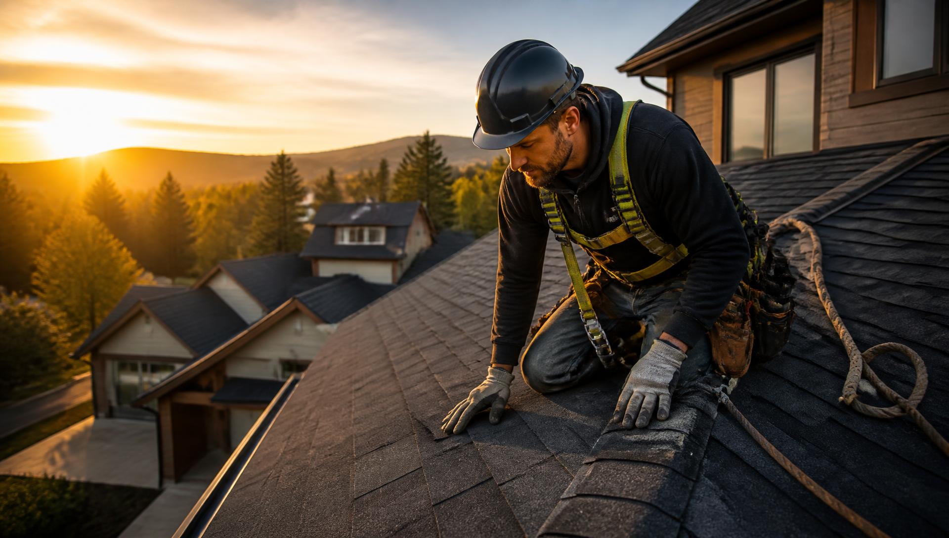Roofer replacing shingles at golden hour